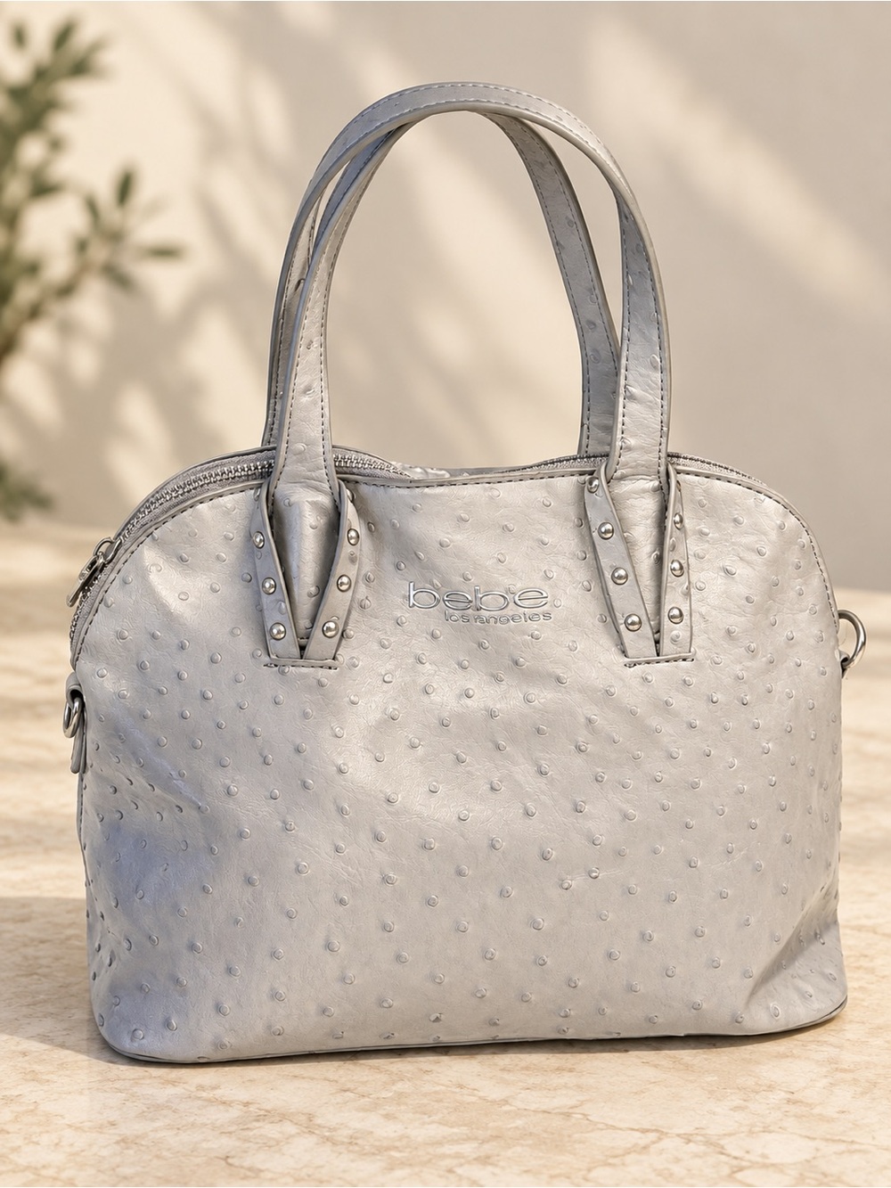 bebe Light Gray Textured Satchel with Stud Accents
